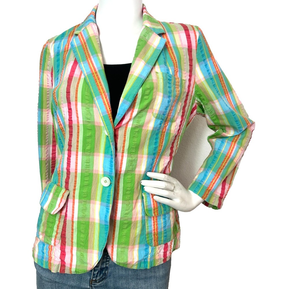 Vintage Izod Madras Plaid Seersucker Blazer Jacket Medium Preppy Pastel Pocket